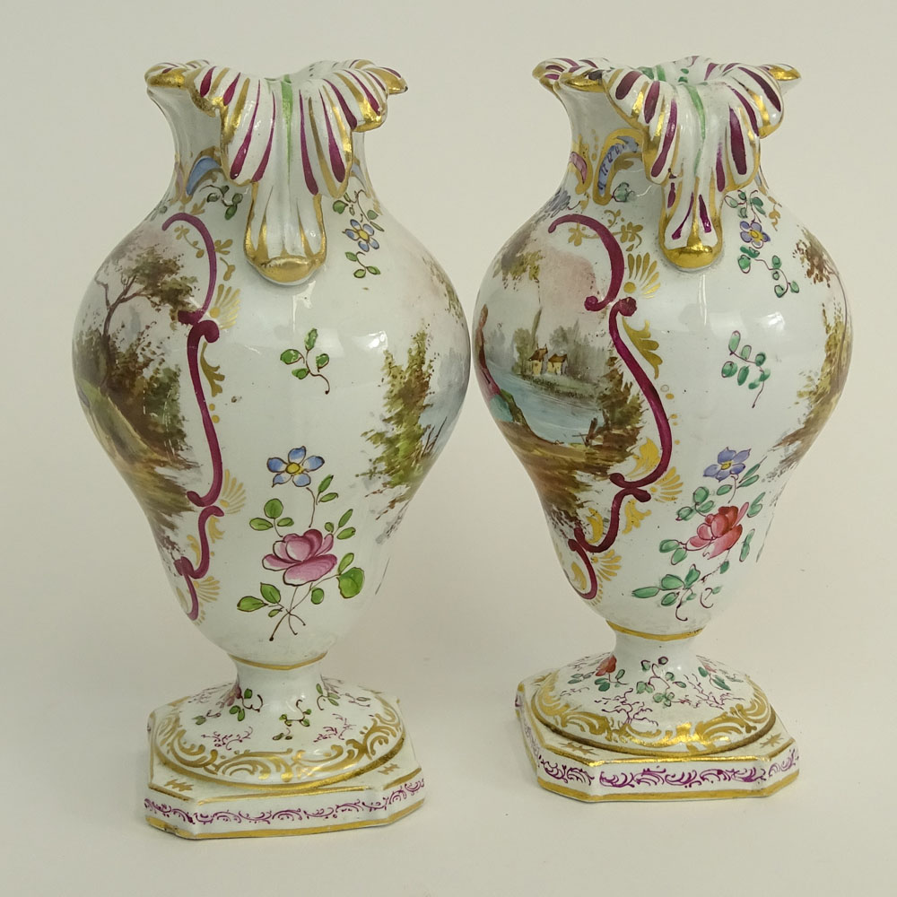 Pair of Antique Chelsea Hand Painted Porcelain Miniature Urns.