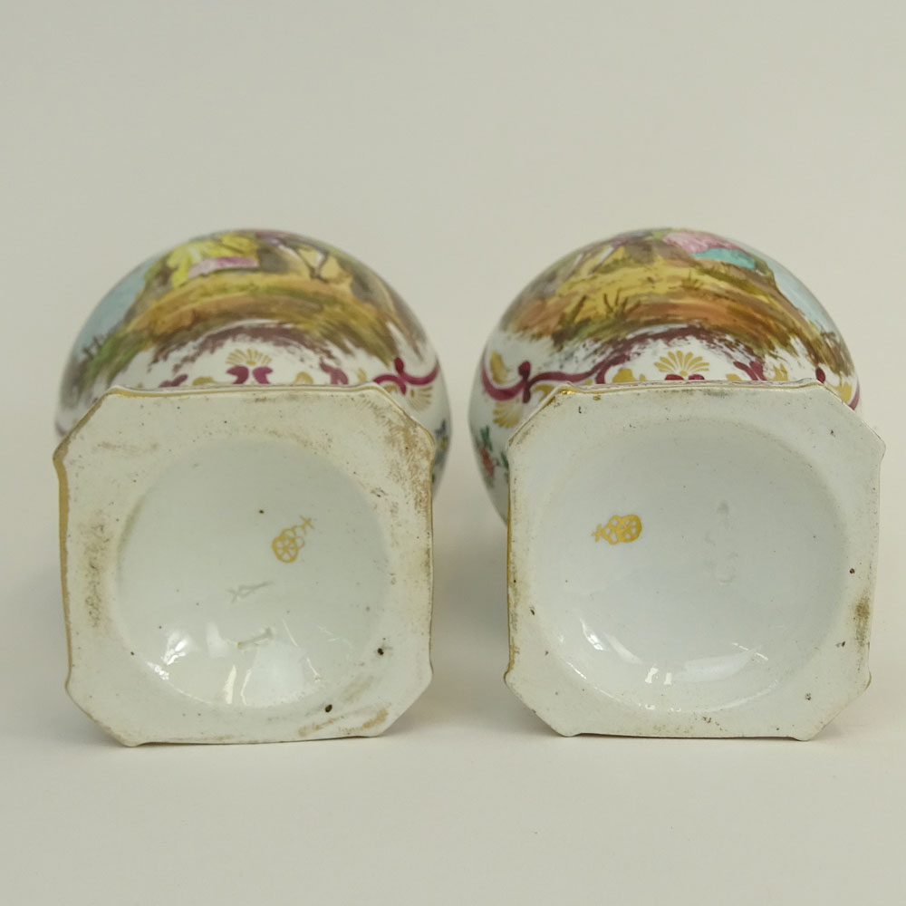 Pair of Antique Chelsea Hand Painted Porcelain Miniature Urns.