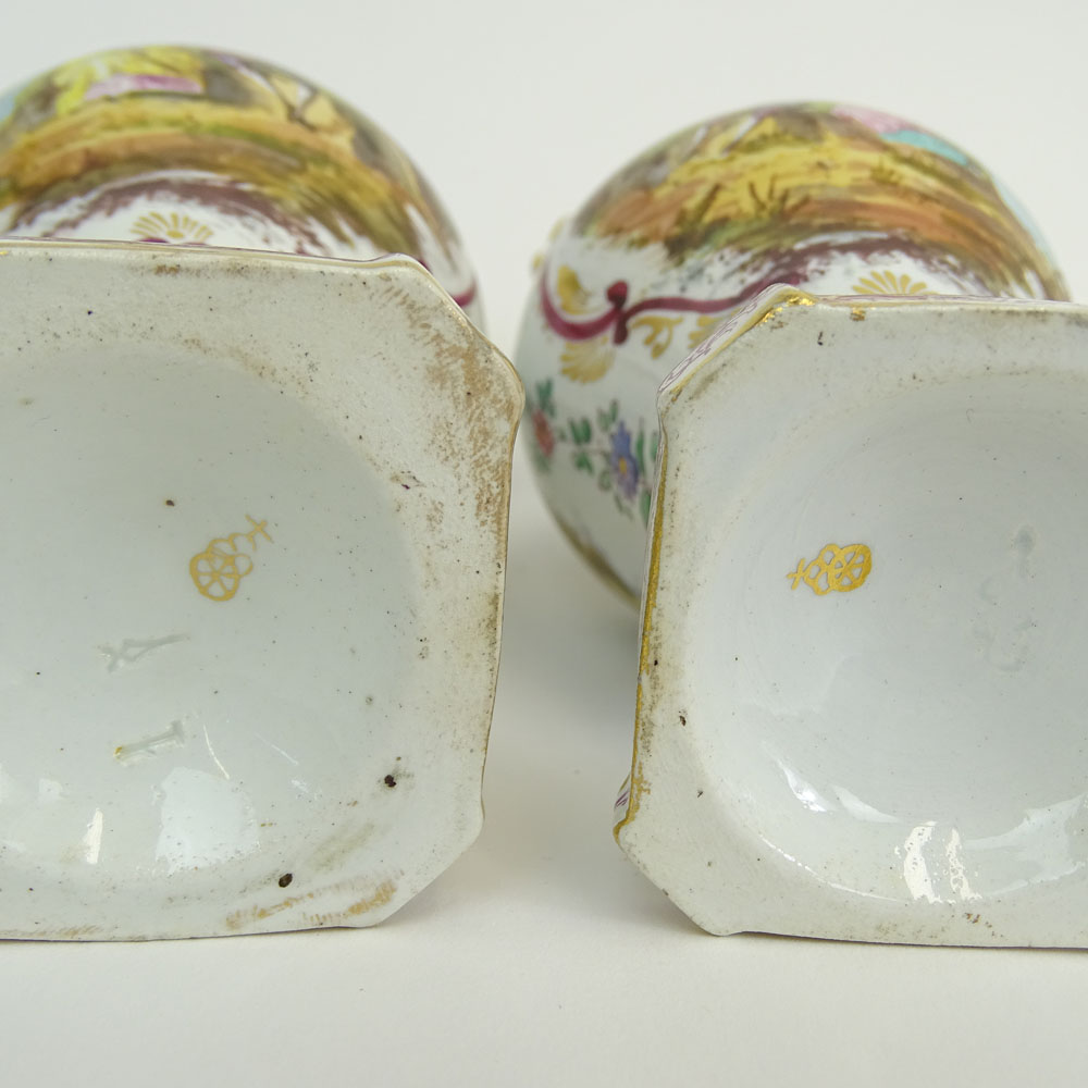 Pair of Antique Chelsea Hand Painted Porcelain Miniature Urns.