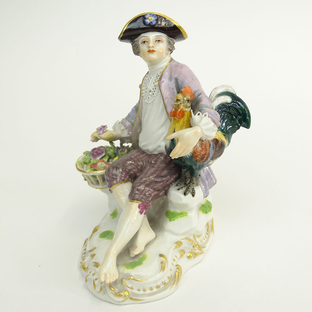 19/20th Century Meissen Porcelain Miniature Figurine "Boy With Chicken and Basket". 