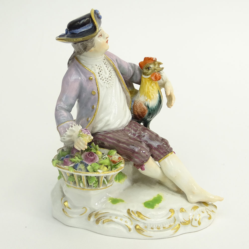 19/20th Century Meissen Porcelain Miniature Figurine "Boy With Chicken and Basket". 