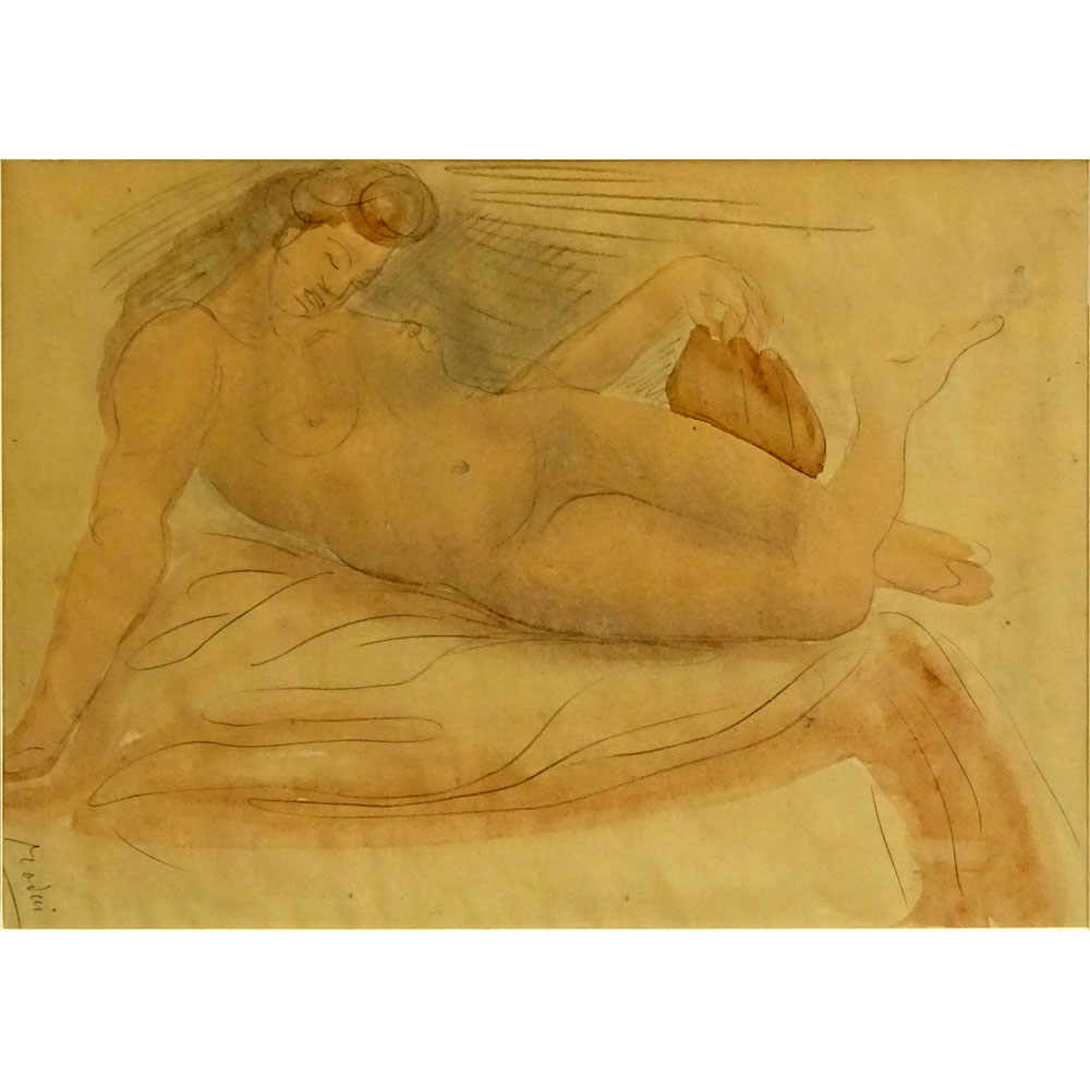 Attributed to: Auguste Rodin (1840-1917) Watercolor and pencil "Reclining Nude"