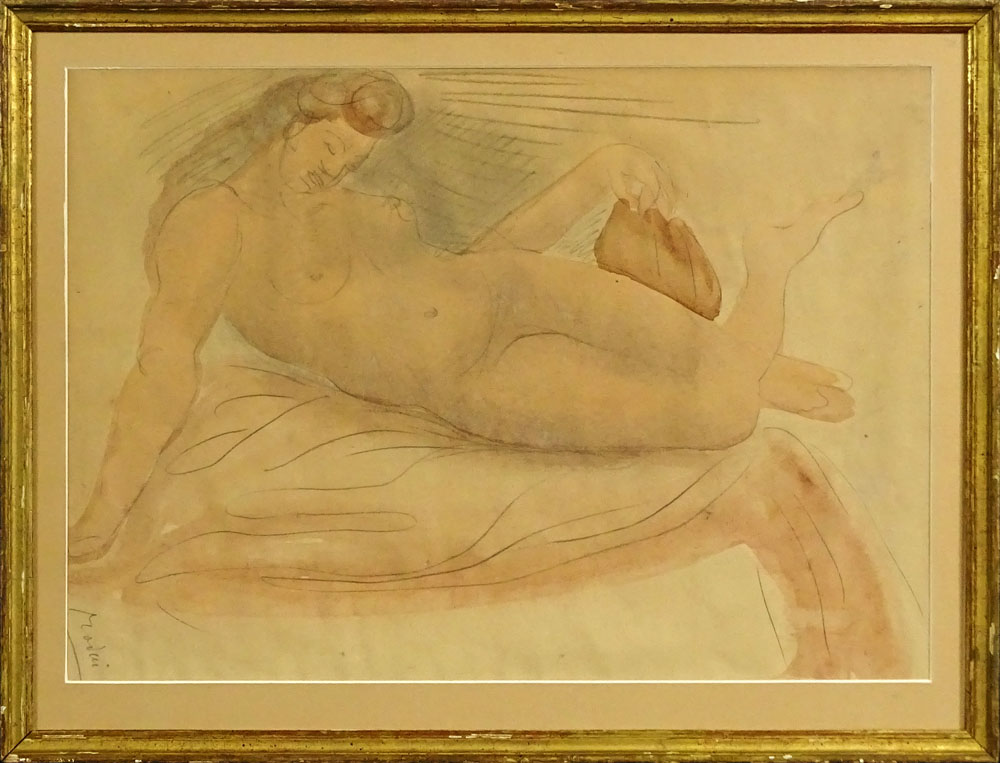 Attributed to: Auguste Rodin (1840-1917) Watercolor and pencil "Reclining Nude"