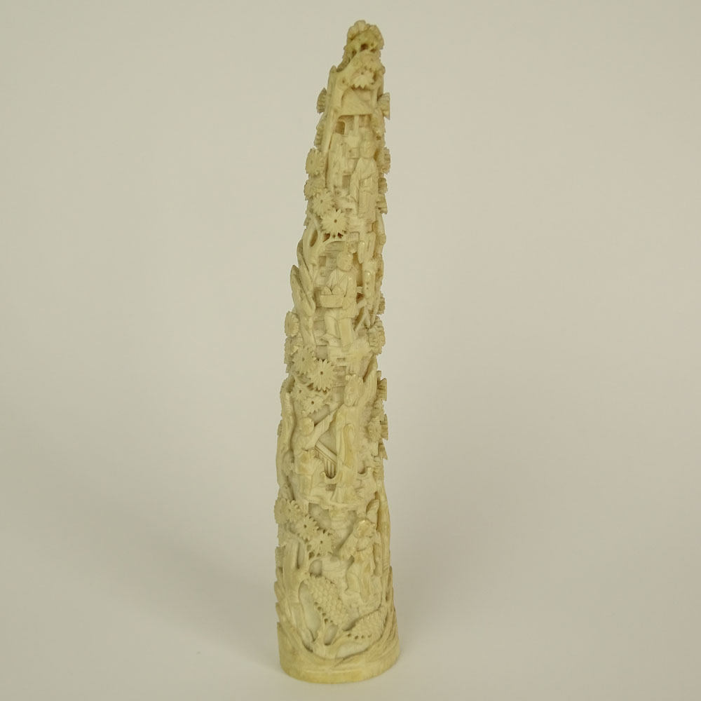 Antique Chinese Carved Ivory Tusk with Intricate Scene with Figures.