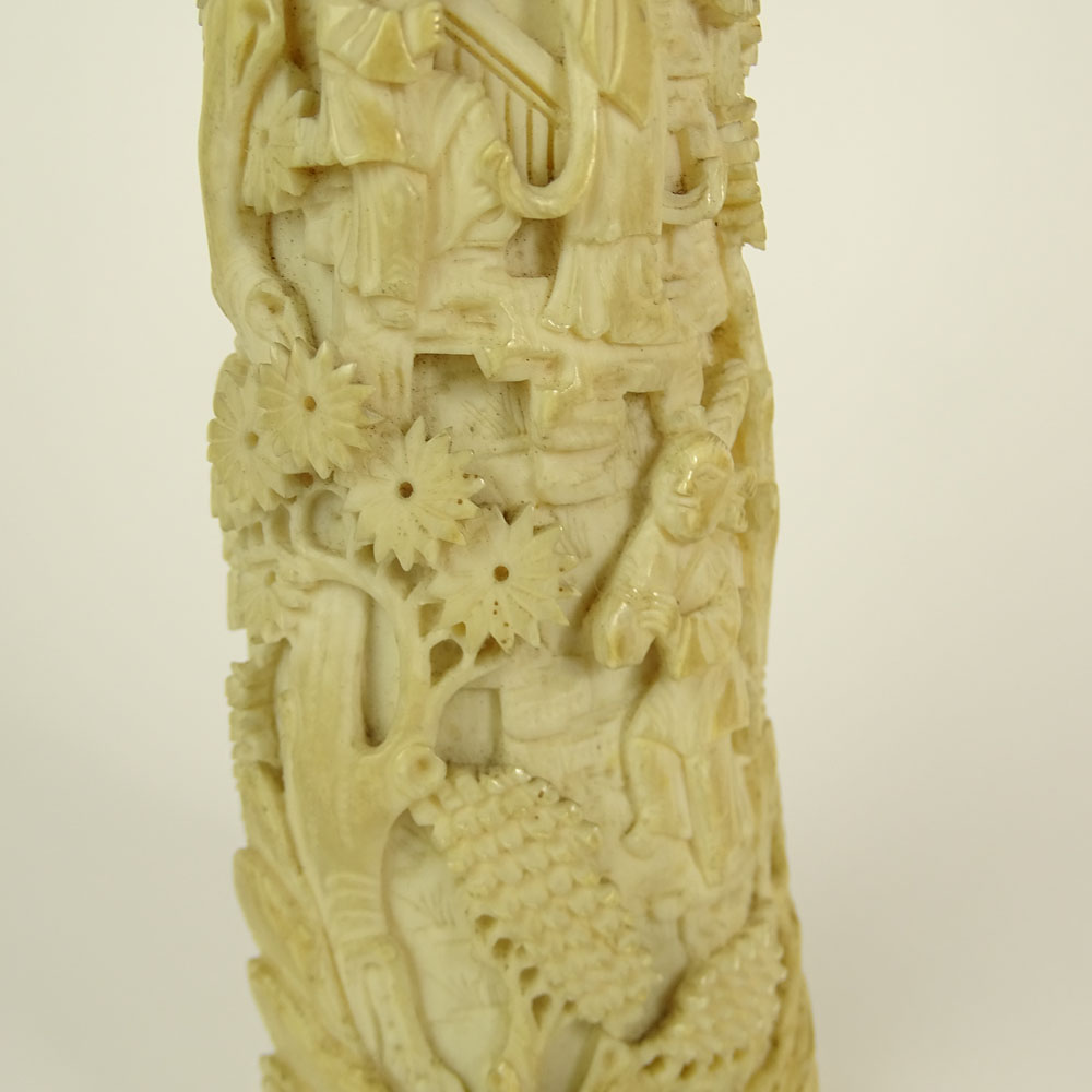 Antique Chinese Carved Ivory Tusk with Intricate Scene with Figures.