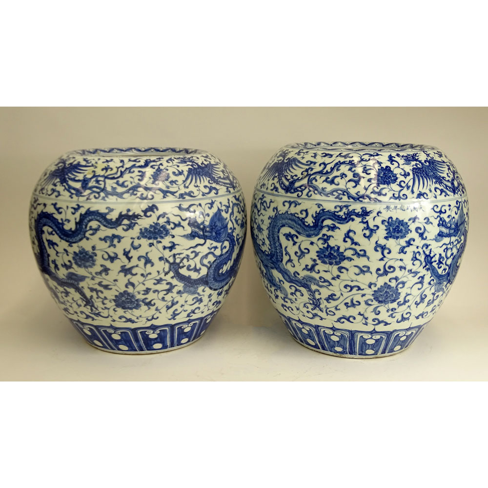 Pair of 20th Century Chinese Ming style Blue and White Porcelain Jardini