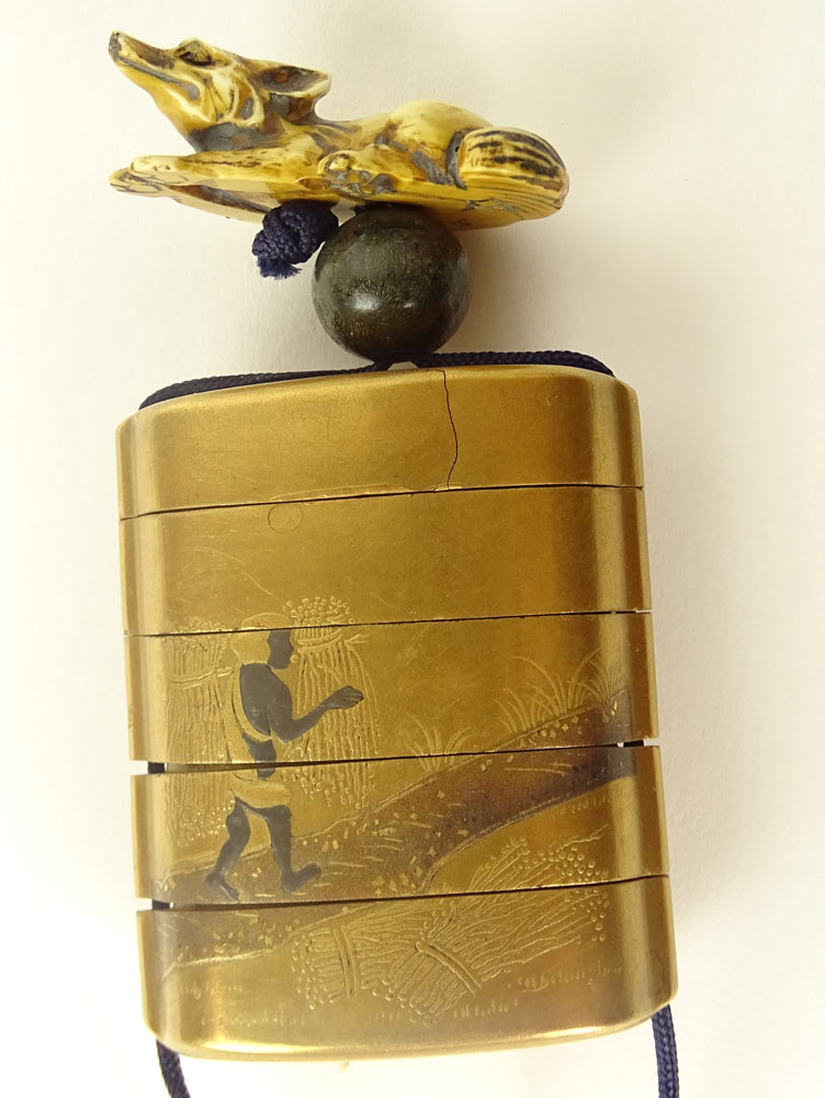 Japanese Meiji Period Lacquer Inro with Carved Ivory Dog Netsuke.