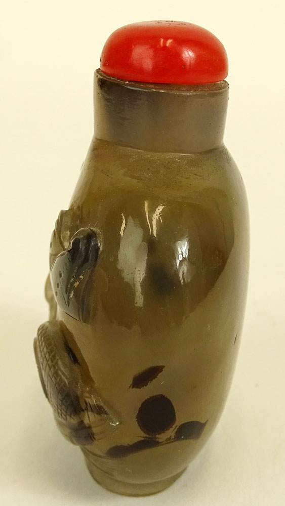 Vintage Chinese Carved Agate Snuff Bottle. Figure on a boat motif.