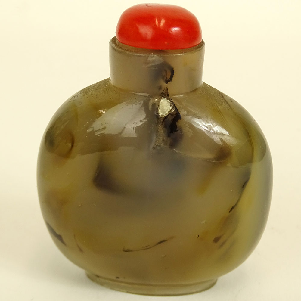 Vintage Chinese Carved Agate Snuff Bottle. Figure on a boat motif.