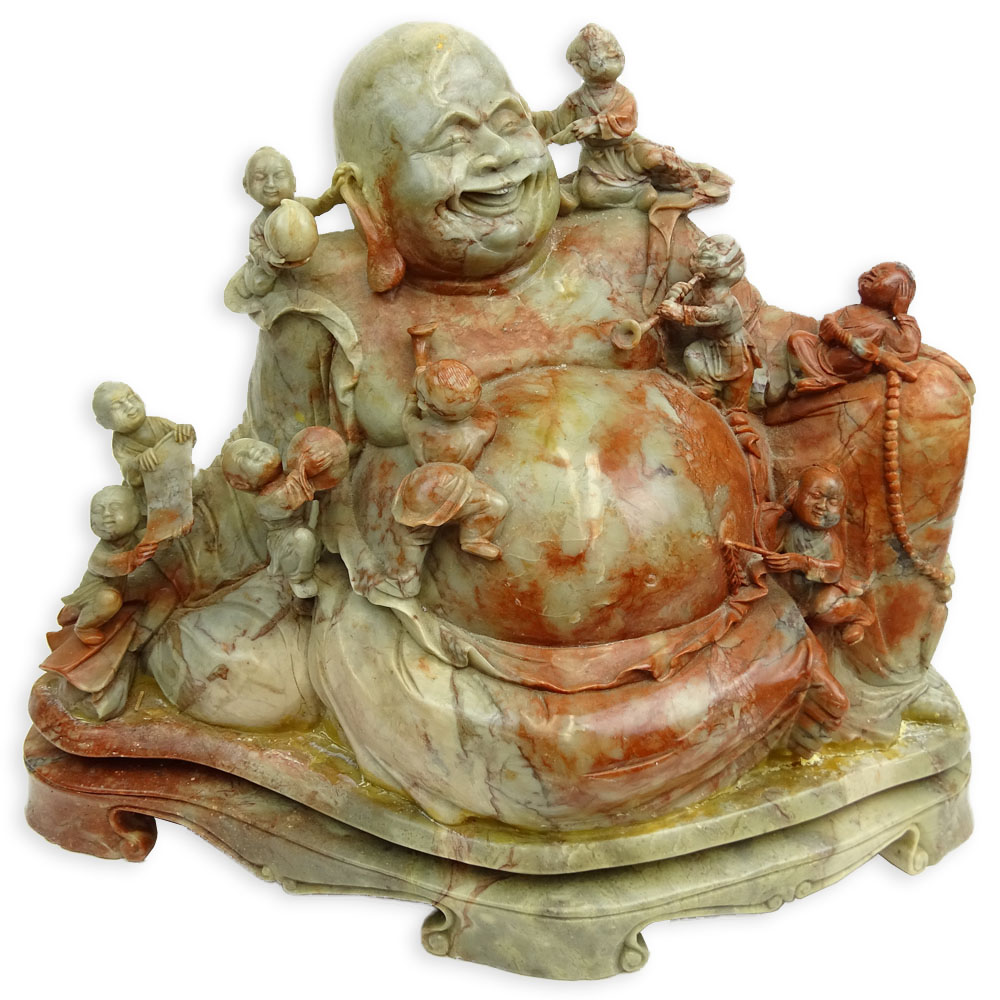 Impressive Carved Soapstone 
"Buddha With Children" Affixed to matching base