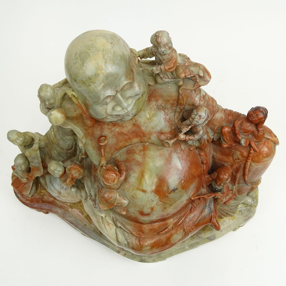 Impressive Carved Soapstone 
"Buddha With Children" Affixed to matching base