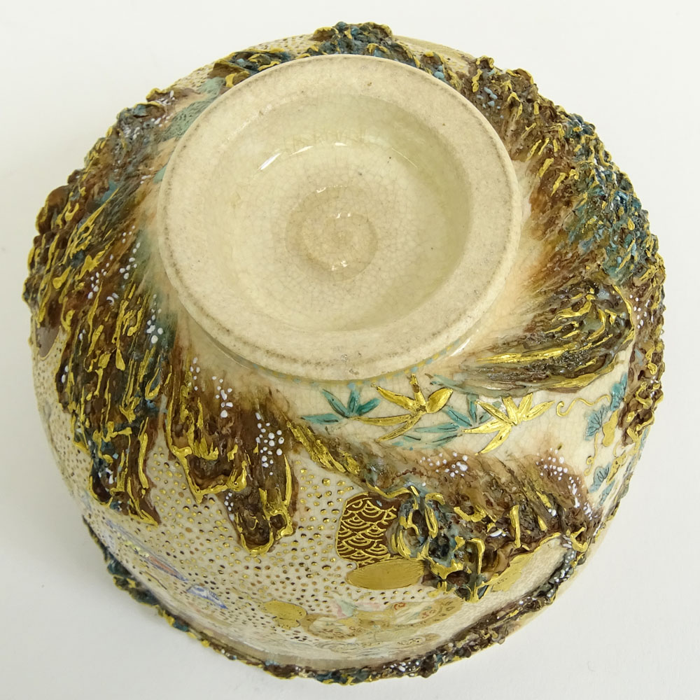 Extremely Fine Japanese Meiji Satsuma Bowl. Raised bas relief and immortal figural motif.