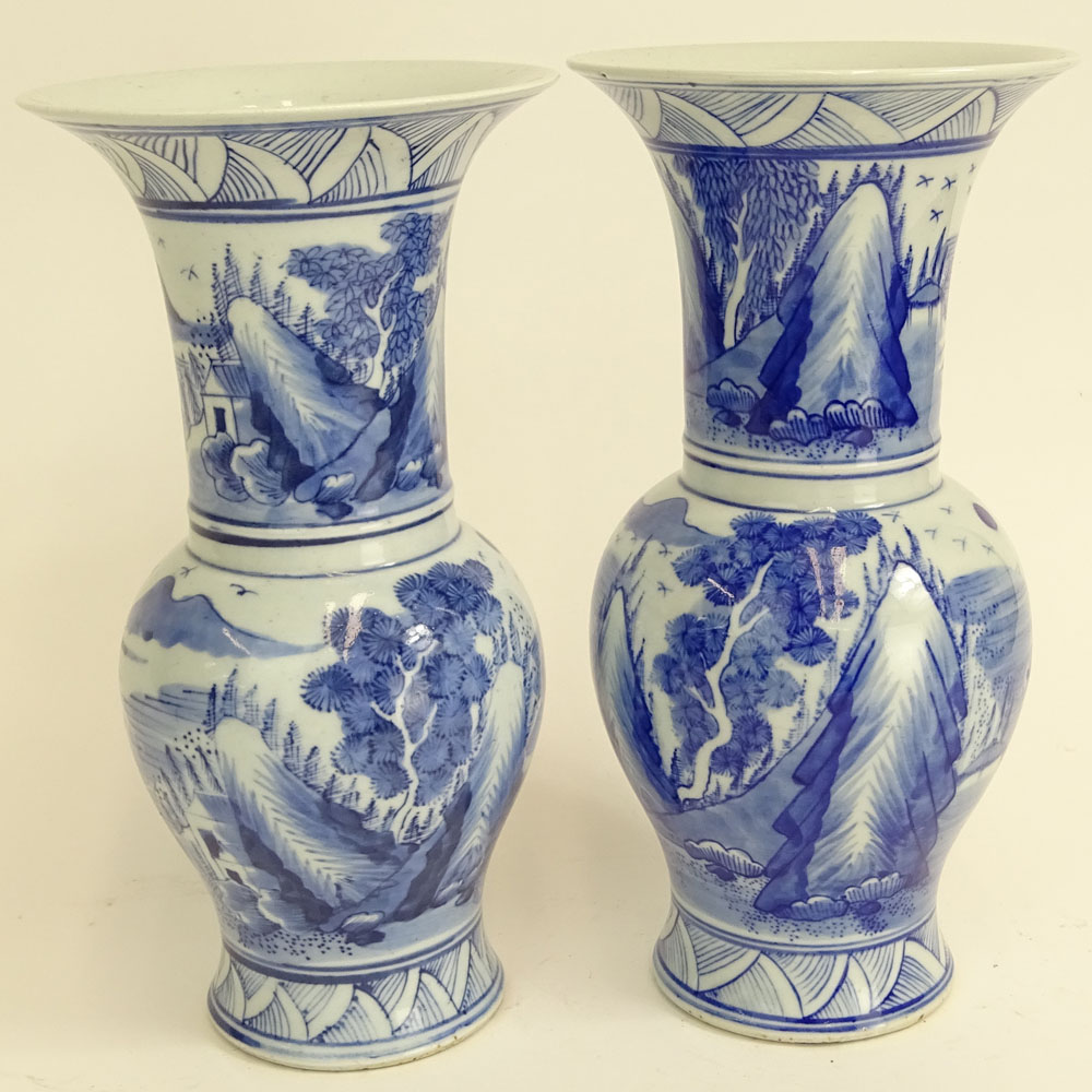 Pair Antique Chinese Blue & White Porcelain Baluster Vases.