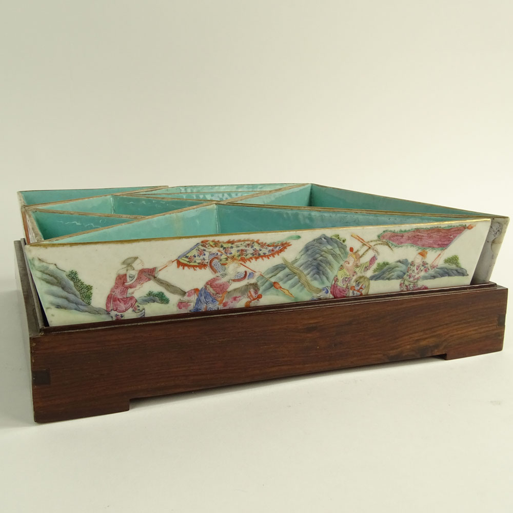 Early 20th Century Chinese  Famille Rose Export Porcelain Tangram Condiment Dishes in Wood Box.