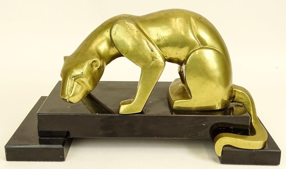 Art Deco Style Bronze Panther Mounted On Stepped Marble Base.