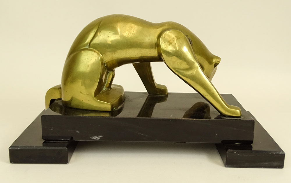 Art Deco Style Bronze Panther Mounted On Stepped Marble Base.