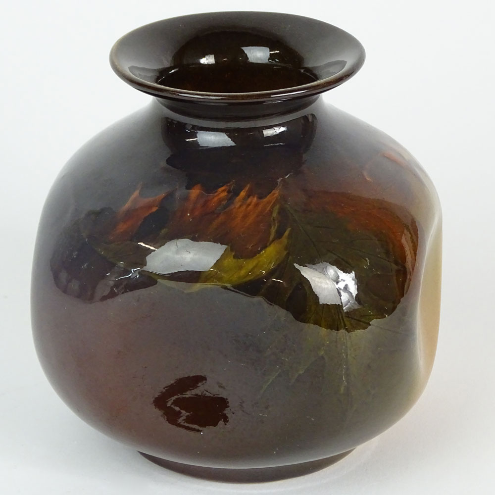 1900 Rookwood Pinched Vase With Leaf Motif and High Gloss Glaze.