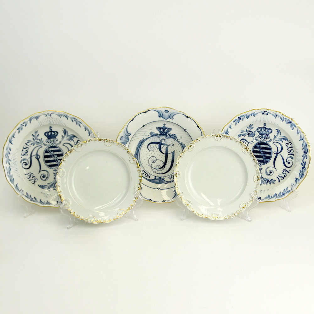 Collection of Five (5) Antique Meissen Porcelain Plates. Includes a pair with gold decorated rims.