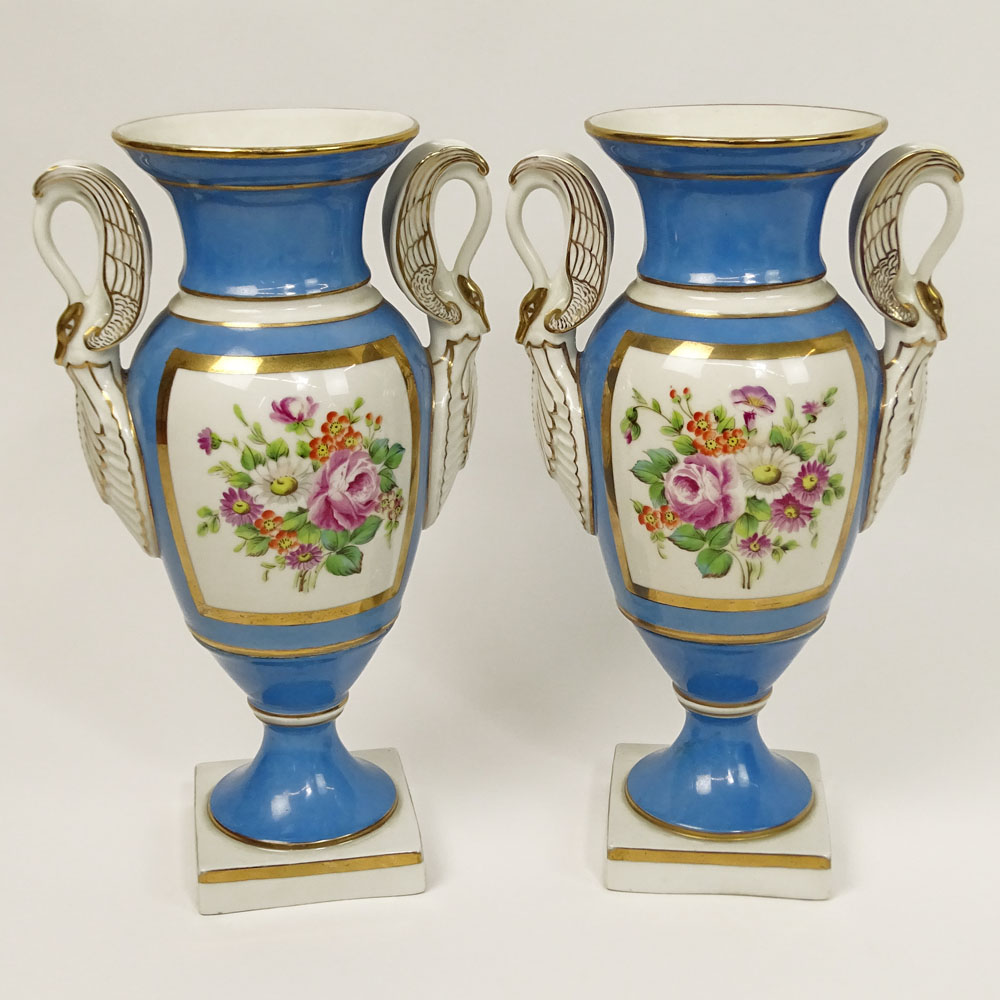 Pair of Antique Sevres Bleu Celeste Hand Painted Porcelain Bolted Urns With Swan Handles.