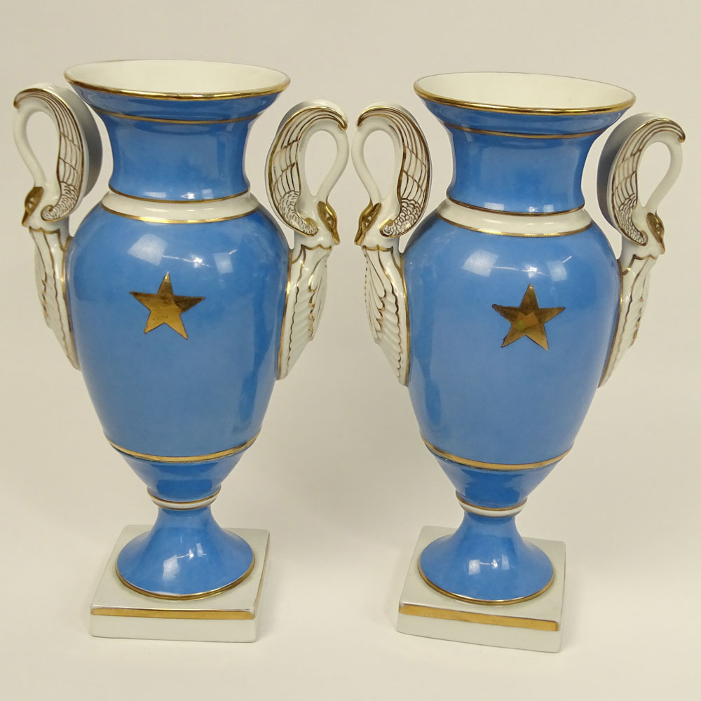 Pair of Antique Sevres Bleu Celeste Hand Painted Porcelain Bolted Urns With Swan Handles.