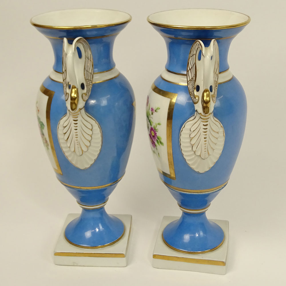 Pair of Antique Sevres Bleu Celeste Hand Painted Porcelain Bolted Urns With Swan Handles.