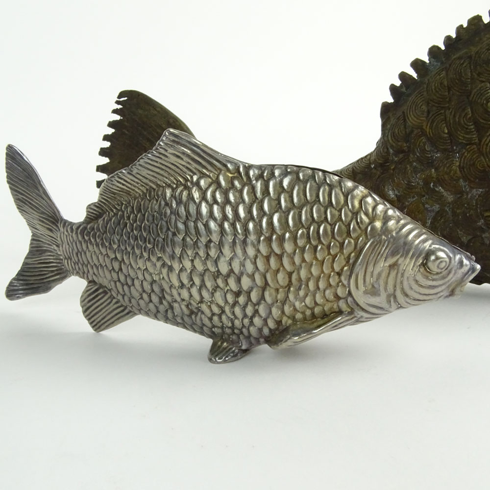 Three Mid Century Fish Figures Including Two Iron and One Silverplate. Carp signed Japan. Smallest signed silver plate.