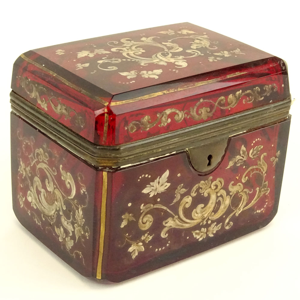 Antique Enameled Ruby Glass Sugar Casket. Mounted in brass, no key. 