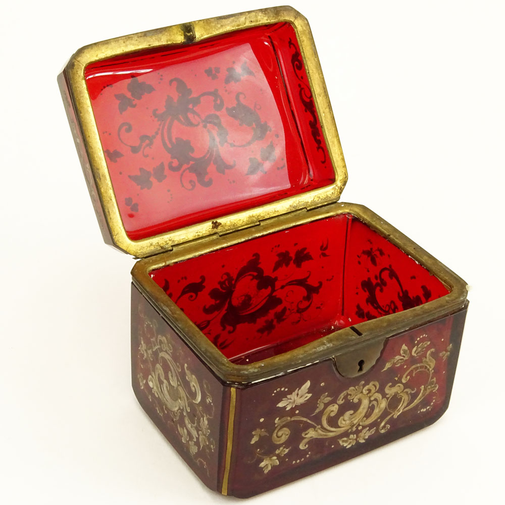 Antique Enameled Ruby Glass Sugar Casket. Mounted in brass, no key. 