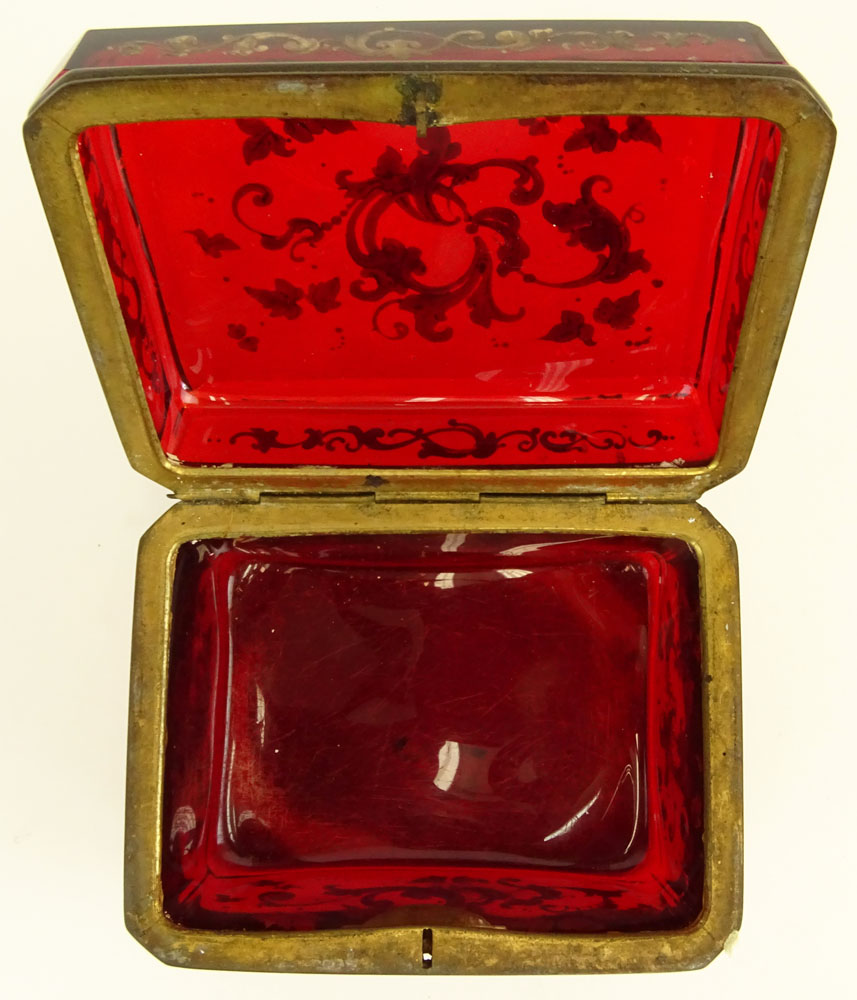 Antique Enameled Ruby Glass Sugar Casket. Mounted in brass, no key. 