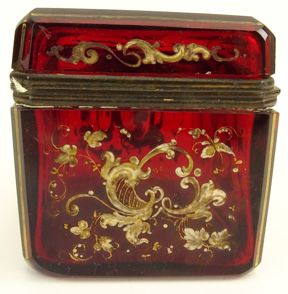 Antique Enameled Ruby Glass Sugar Casket. Mounted in brass, no key. 