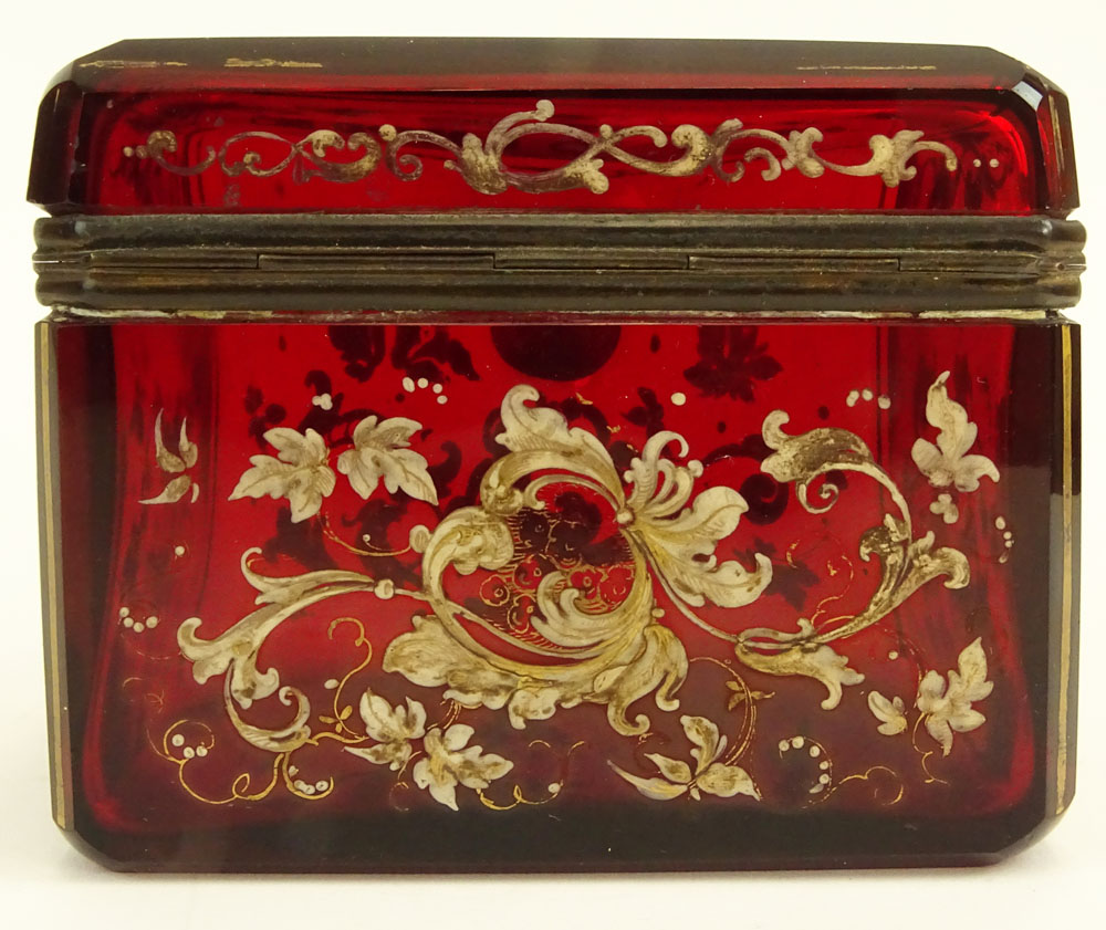 Antique Enameled Ruby Glass Sugar Casket. Mounted in brass, no key. 