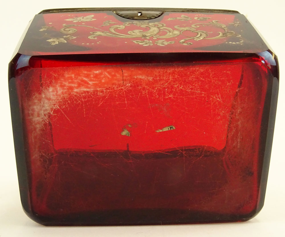 Antique Enameled Ruby Glass Sugar Casket. Mounted in brass, no key. 