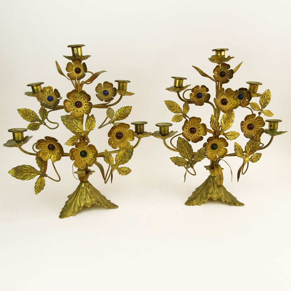 Pair of Antique French Jeweled Bronze/Brass Candelabra. Each with 5 lights and a floral motif.