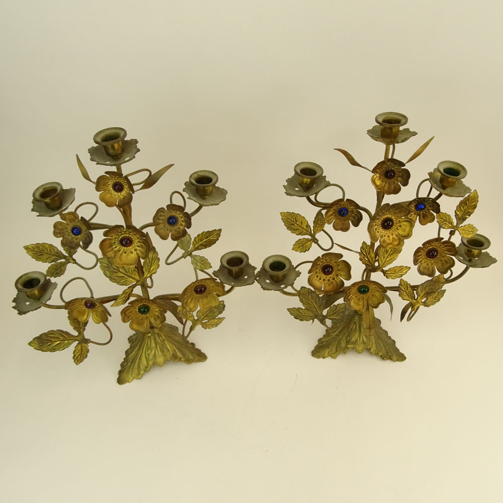 Pair of Antique French Jeweled Bronze/Brass Candelabra. Each with 5 lights and a floral motif.