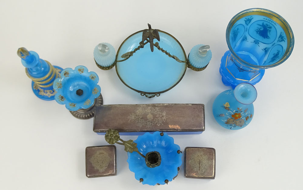 Collection of Nine (9) 19/20th Century Blue Opaline Glass.