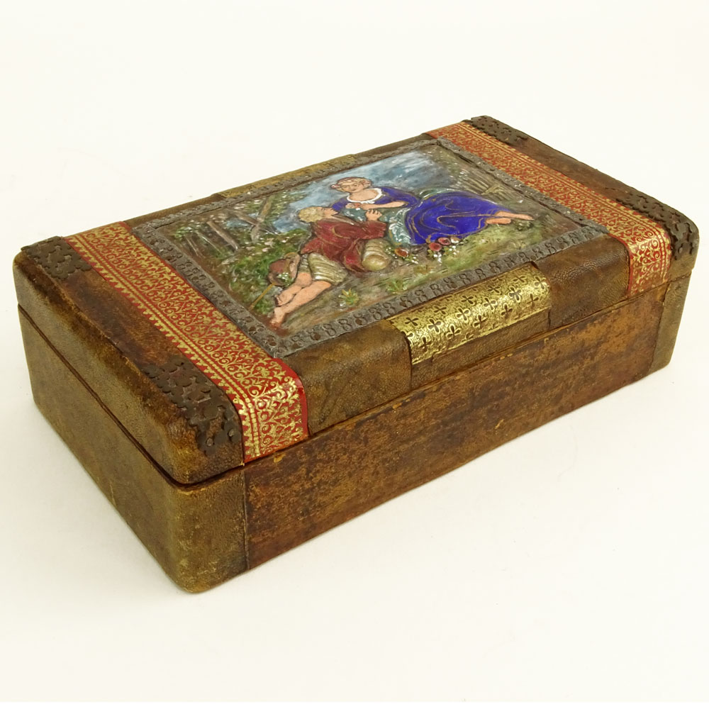 Antique Continental Enamel Plaque Mounted on Leather Covered Wood Box.