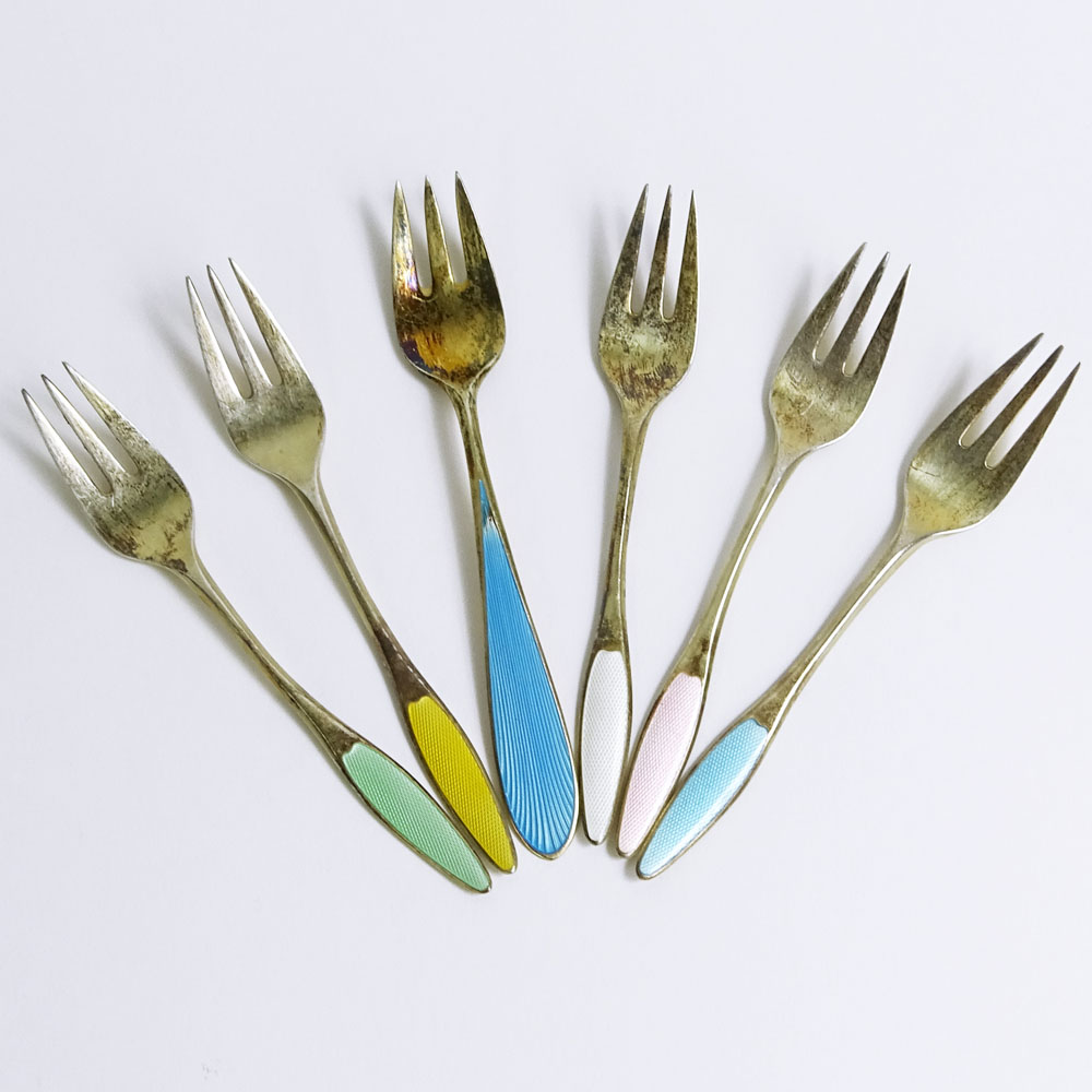 Six Norwegian Sterling and Enameled forks.