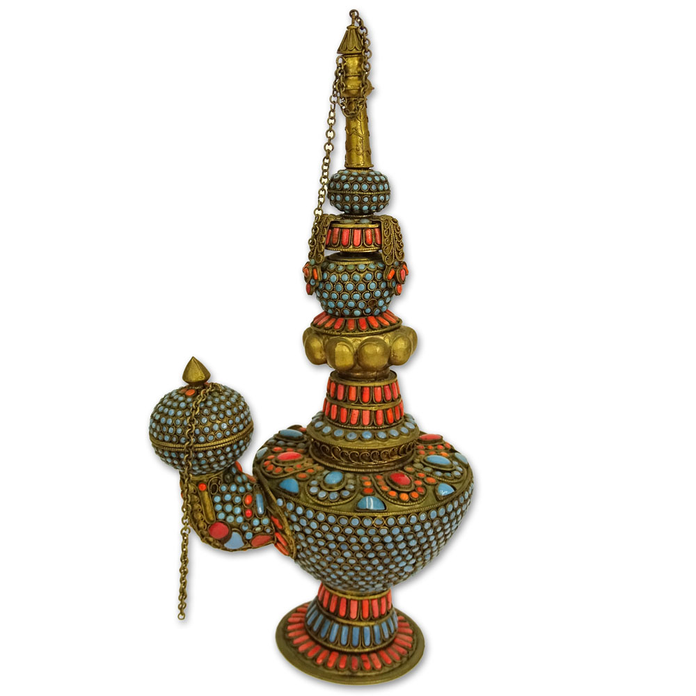 Vintage Indian Nepal Turquoise Coral and Brass Ceremonial Oil Lamp.