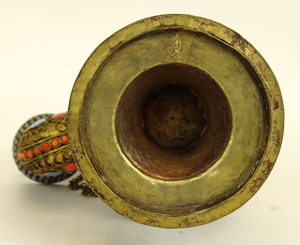 Vintage Indian Nepal Turquoise Coral and Brass Ceremonial Oil Lamp.