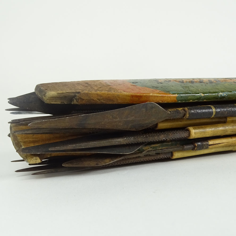 Collection of Early 20th Century Luzon, Philippines Ifago Tribe Bamboo and Metal Arrows and Two Ceremonial Painted Wood Spears.