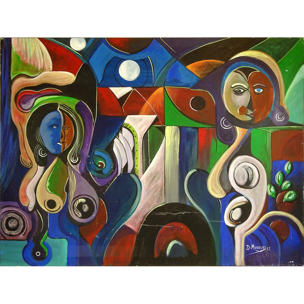 Circa 1997 Cubist style Oil on Canvas. Signed D. Morales 97.