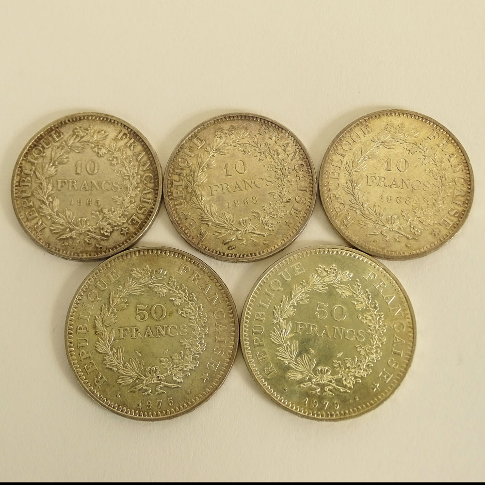 Five (5) French Silver Coins Including: 1979 50 Francs; 1975 50 Francs ...