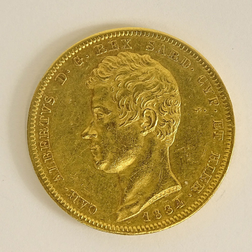 1834 Sardinian 100 Lire Gold Coin "CAR. ALBERTVS D. G. REX SARD. CYP. ET HIER". 