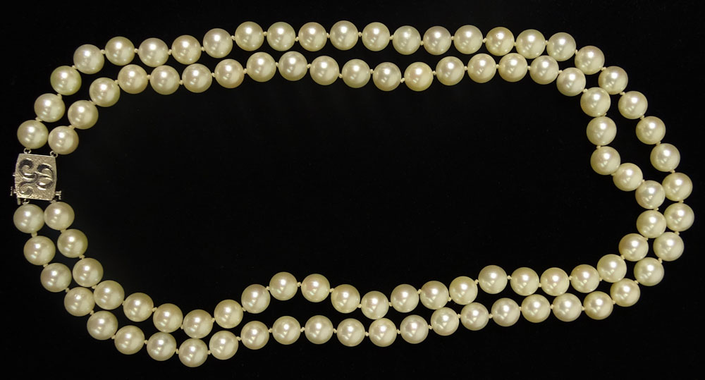 Vintage Double Strand White Pearl Necklace with 14 Karat White Gold Clasp.