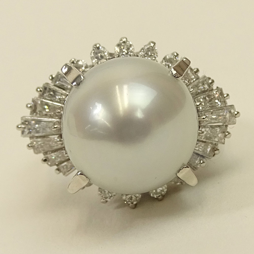 Lady's South Sea Pearl, Approx. 1.25 Carat Diamond and Platinum Ring. 