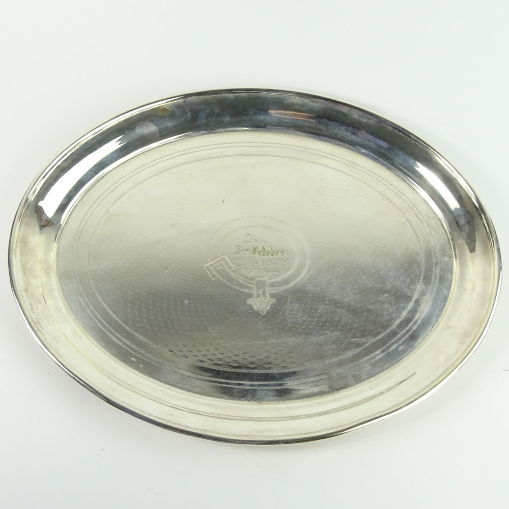 19th Century German Silver Oval Tray. Inscribed with date 1875.