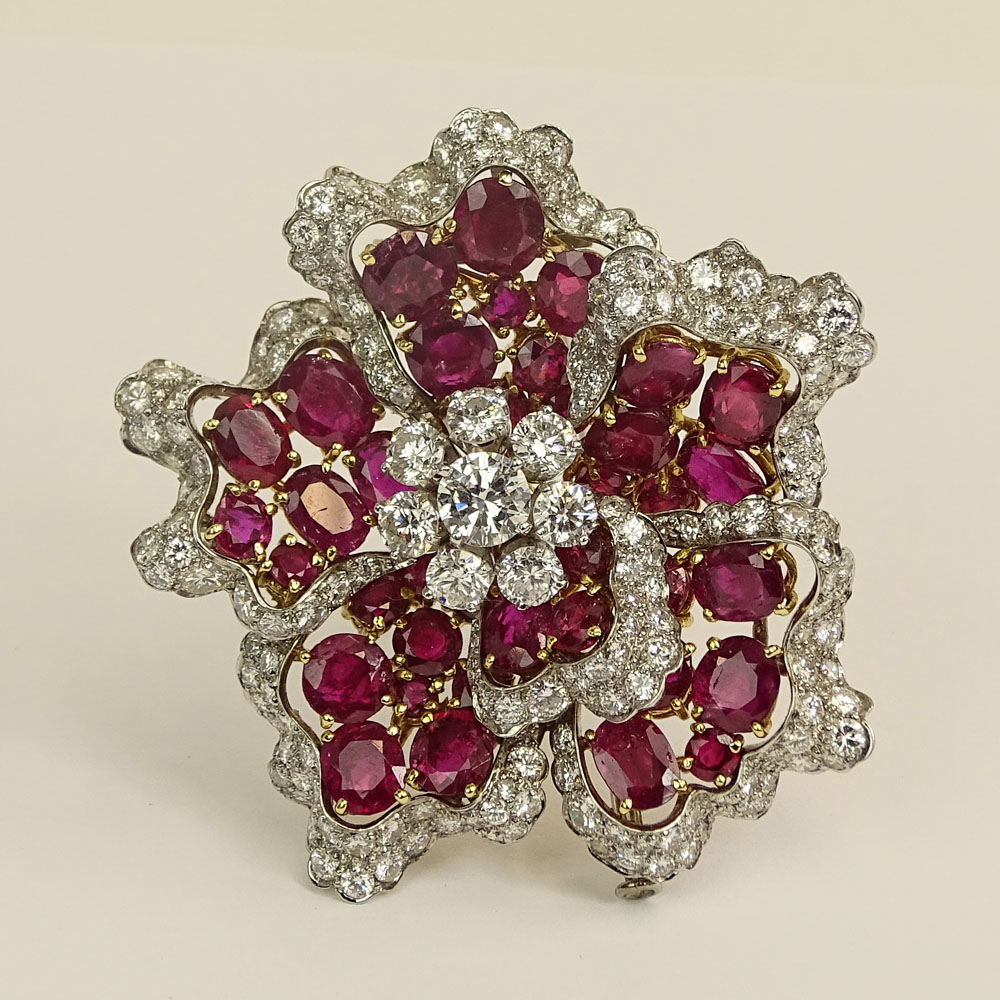 Vintage David Webb Diamond, Ruby, Platinum and 18 Karat Yellow Gold Flower Brooch set 