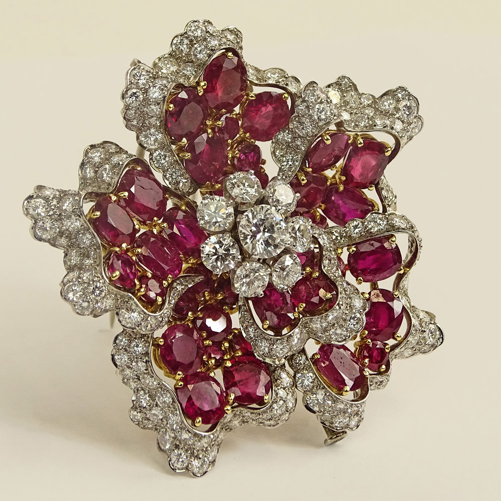 Vintage David Webb Diamond, Ruby, Platinum and 18 Karat Yellow Gold Flower Brooch set 