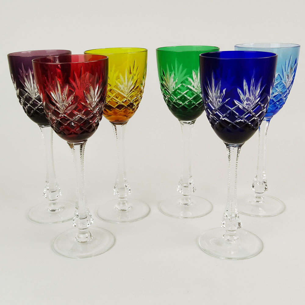 Set of Six (6) Faberge Crystal Odessa Colored Hock Wine Glasses in the original box with COA.