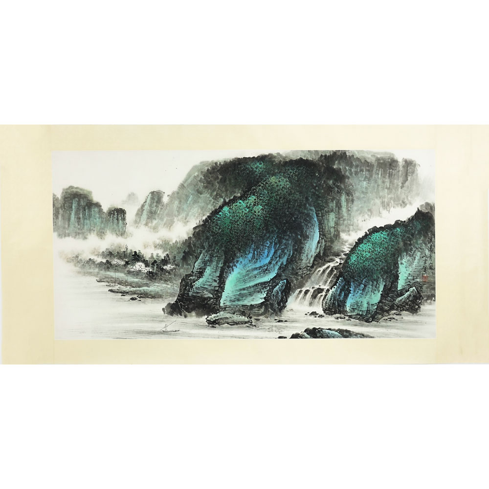 20th Century Chinese Watercolor on Paper. Mountain Landscape with Fisherman.